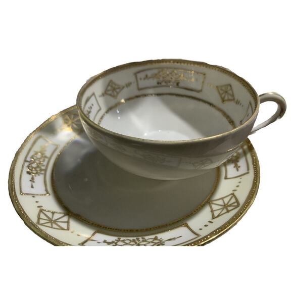 Vintage Hand Painted Nippon Japan Tea Cup & Saucer Gold Flowers Diamonds Teacup - Picture 9 of 11